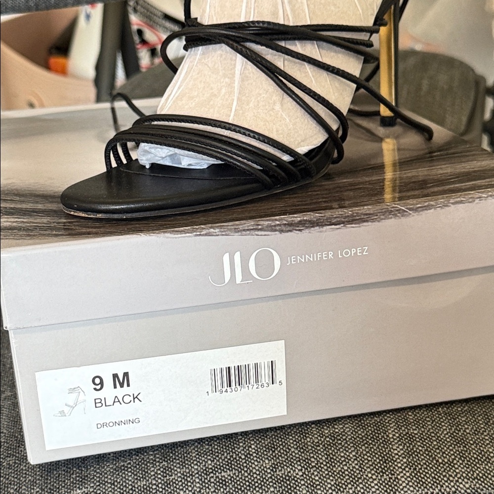 Jennifer Lopez Black and Gold Strappy Heels